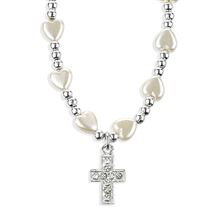FIRST COMMUNION NECKLACE WITH CRYSTAL CROSS AND PEARLIZED HEARTS